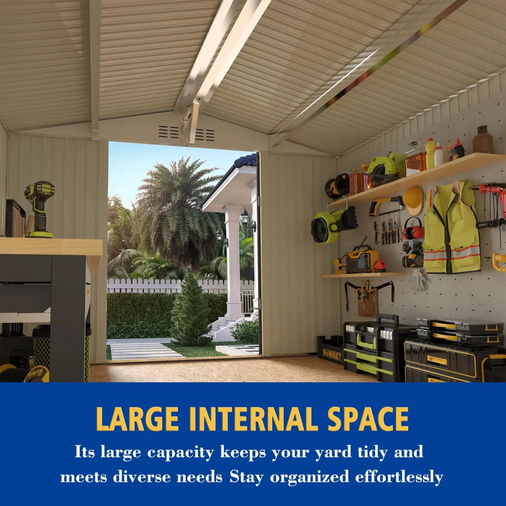 10 x 8 FT Outdoor Storage Shed, Large Metal Storage Shed, Lockable Door and Air Vent, Clear Window Garden Tool Shed for Bicycles, Tools, Lawnmowers, Backyards, Patios, Lawns - Gray