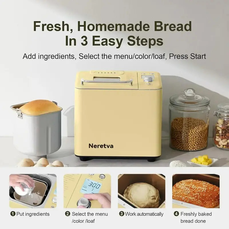 Neretva 2LB Bread Maker – 20-in-1 Automatic Dual-Heater Bread Machine with Custom Baking Options