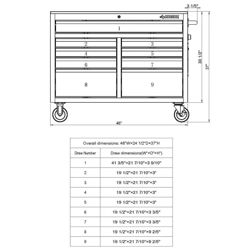 Gloss Black Rolling Tool Cabinet – 46″ Wide 9-Drawer Heavy-Duty Mobile Workstation