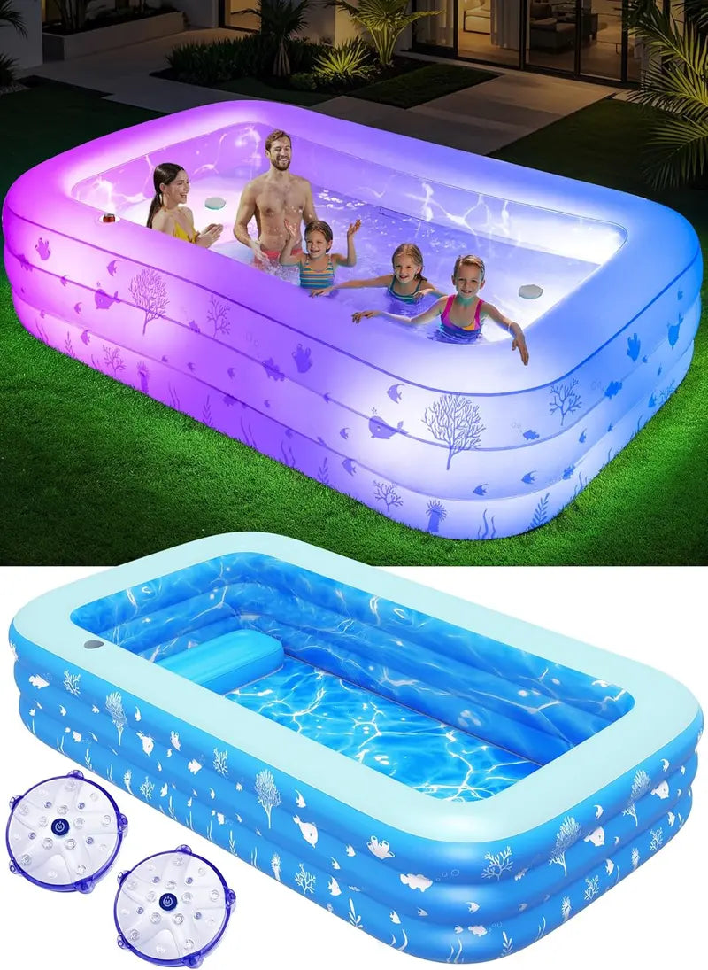 Spacious Inflatable Pool with Built-in Seat & LED Lights  105 x 65 x 25  Durable Thick-Wall Design for Adults & Children
