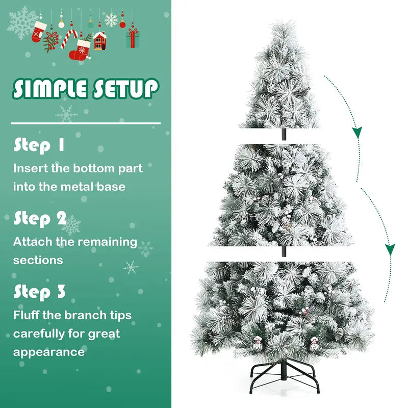 Snow-Flocked Artificial Pine Tree with Pinecones and Red Berries  Hinged Design
