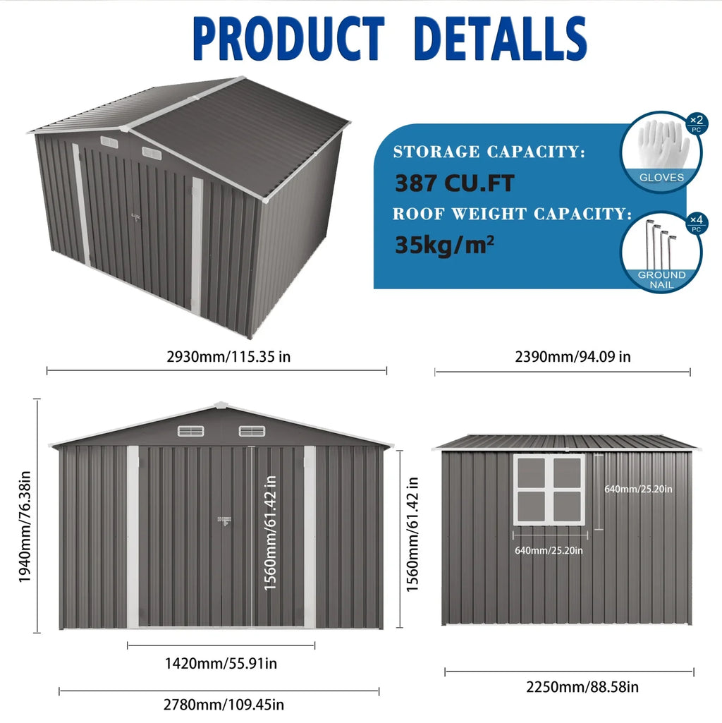 10 x 8 FT Outdoor Storage Shed, Large Metal Storage Shed, Lockable Door and Air Vent, Clear Window Garden Tool Shed for Bicycles, Tools, Lawnmowers, Backyards, Patios, Lawns - Gray