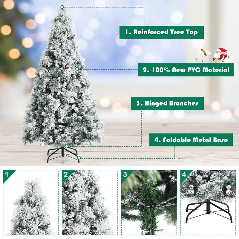 Snow-Flocked Artificial Pine Tree with Pinecones and Red Berries  Hinged Design