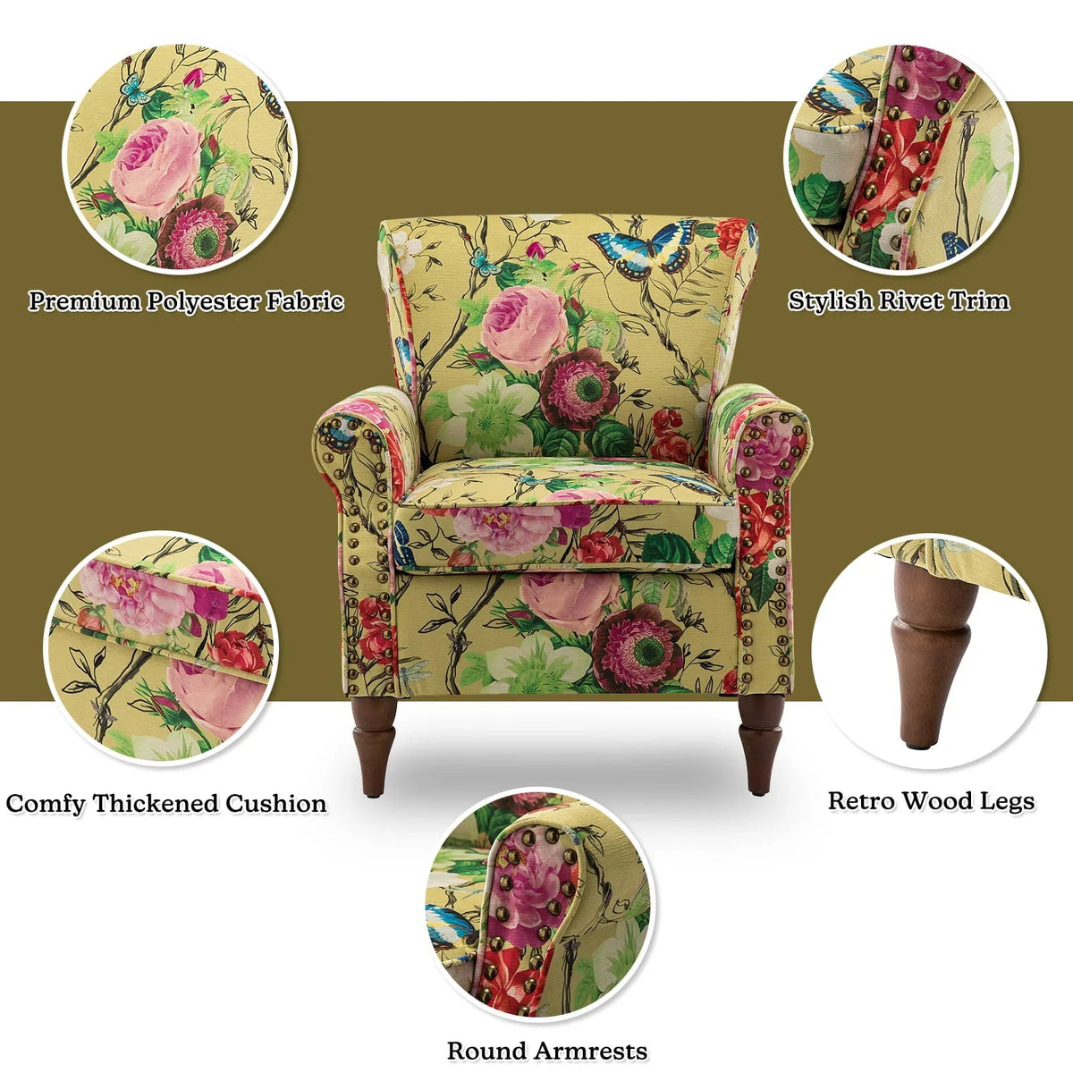 14 Karat Home Wingback Accent Chair Removable Cushion Floral Upholstered Sofa Armchair Couch Wood Legs Nailhead Trim Mustard