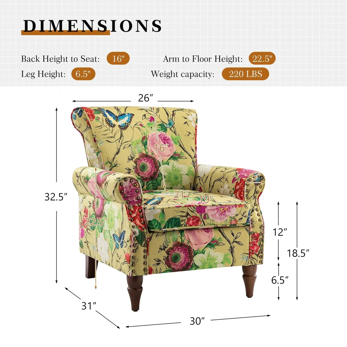 14 Karat Home Wingback Accent Chair Removable Cushion Floral Upholstered Sofa Armchair Couch Wood Legs Nailhead Trim Mustard