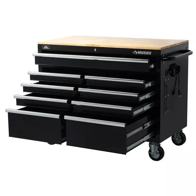 Gloss Black Rolling Tool Cabinet – 46″ Wide 9-Drawer Heavy-Duty Mobile Workstation