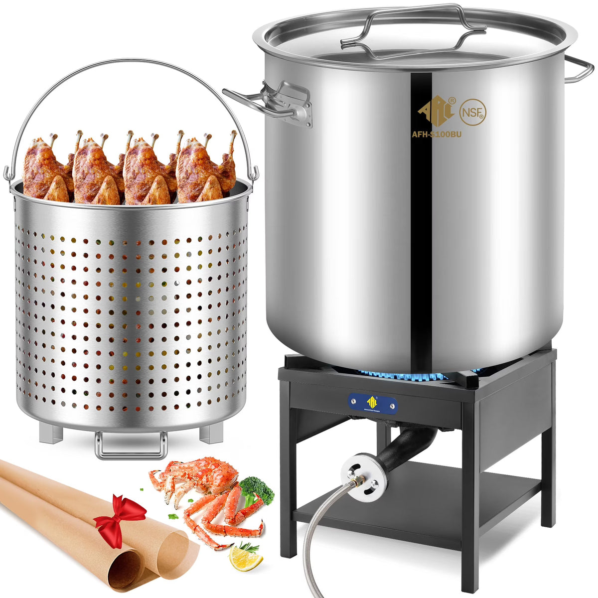 100QT Stainless Steel Seafood Boiling Kit, 200,000BTU Propane Stove for Outdoors Cooking, Large Stock pot w/Basket for Shrimp, Lobster, Crab Crawfish, Turkey Deep Fryer, Seafood Boil Pot