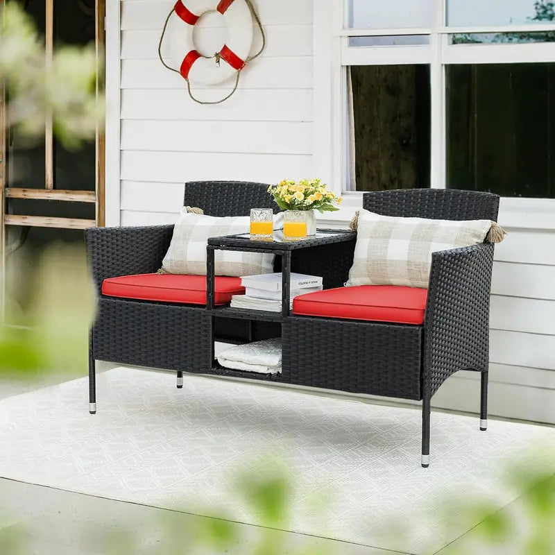 Flamaker Wicker Patio Loveseat – Two-Seat Outdoor Bench with Center Table and Cushions (Beige)