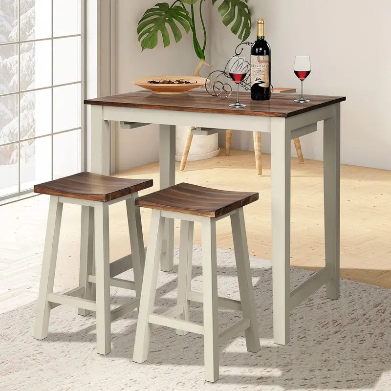 Industrial-Style 3-Piece Counter Height Dining Set: Wood Pub Table + 2 Saddle Stools for Kitchen, Bar, or Restaurant