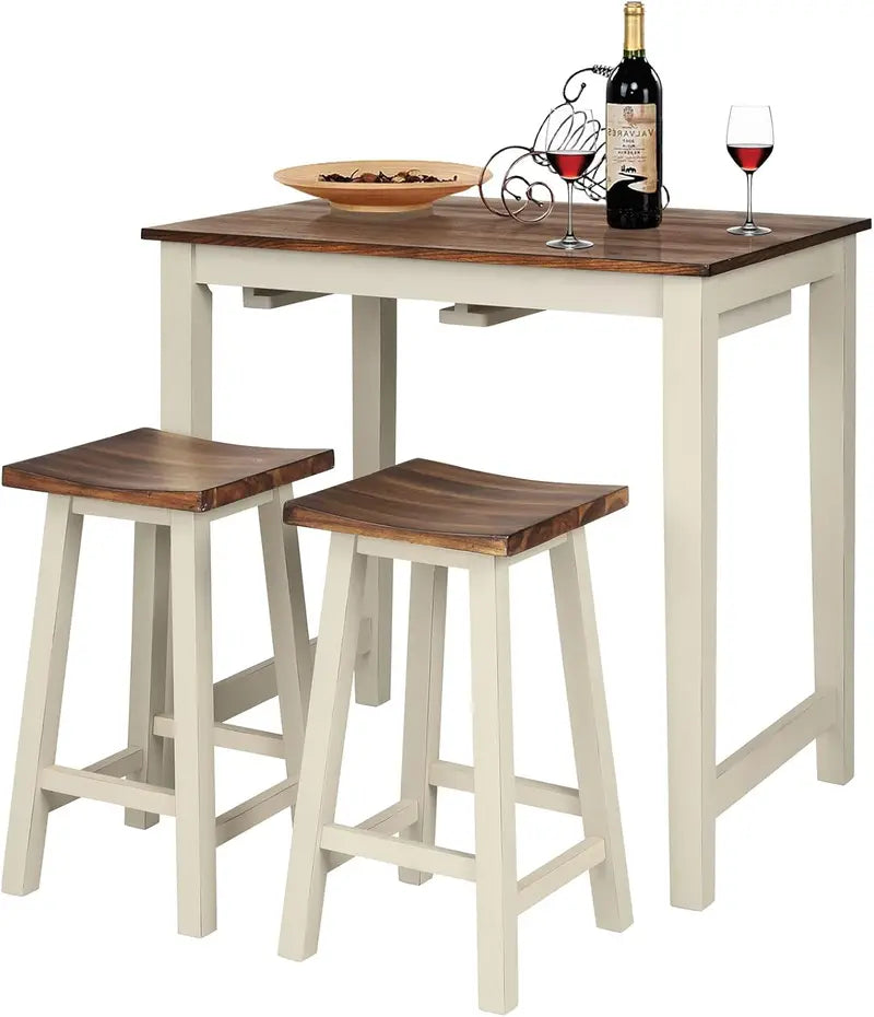 Industrial-Style 3-Piece Counter Height Dining Set: Wood Pub Table + 2 Saddle Stools for Kitchen, Bar, or Restaurant