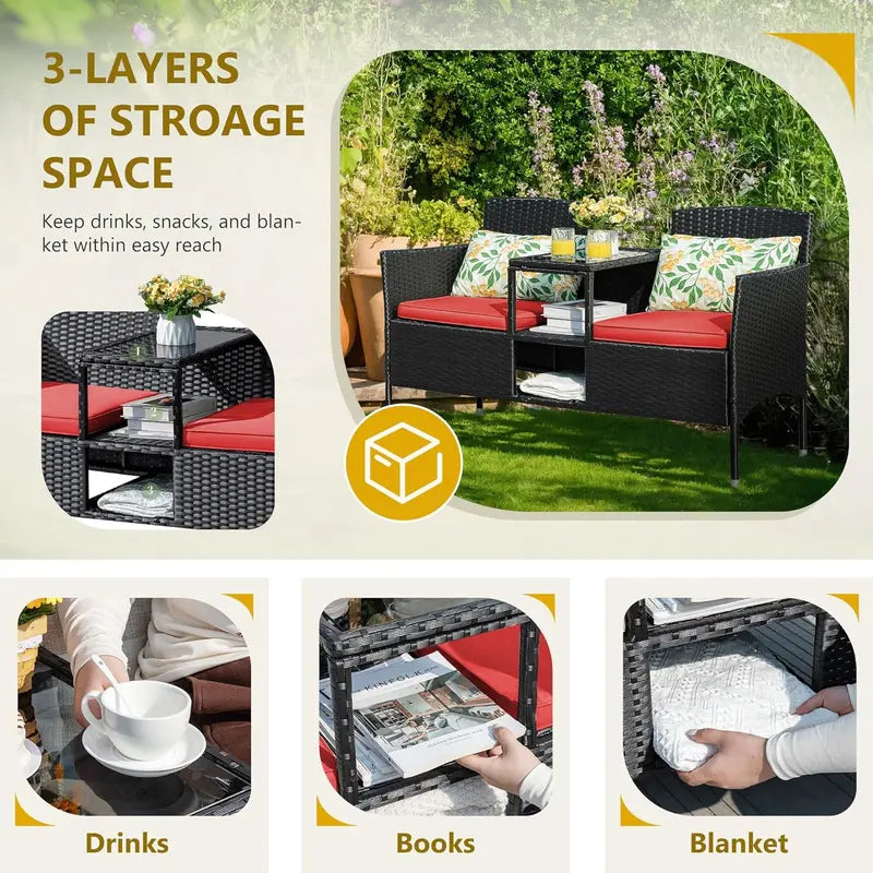 Flamaker Wicker Patio Loveseat – Two-Seat Outdoor Bench with Center Table and Cushions (Beige)