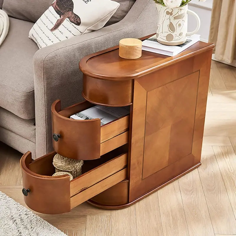 Solid Wood End Table  Slim Two-Drawer Chairside Nightstand for Small Spaces