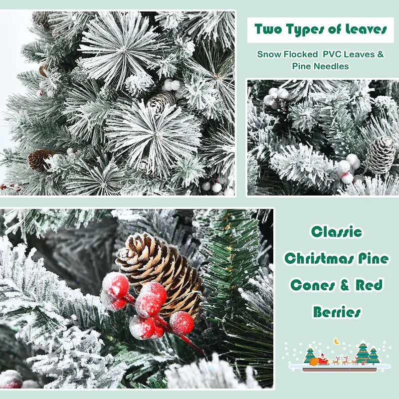 Snow-Flocked Artificial Pine Tree with Pinecones and Red Berries  Hinged Design
