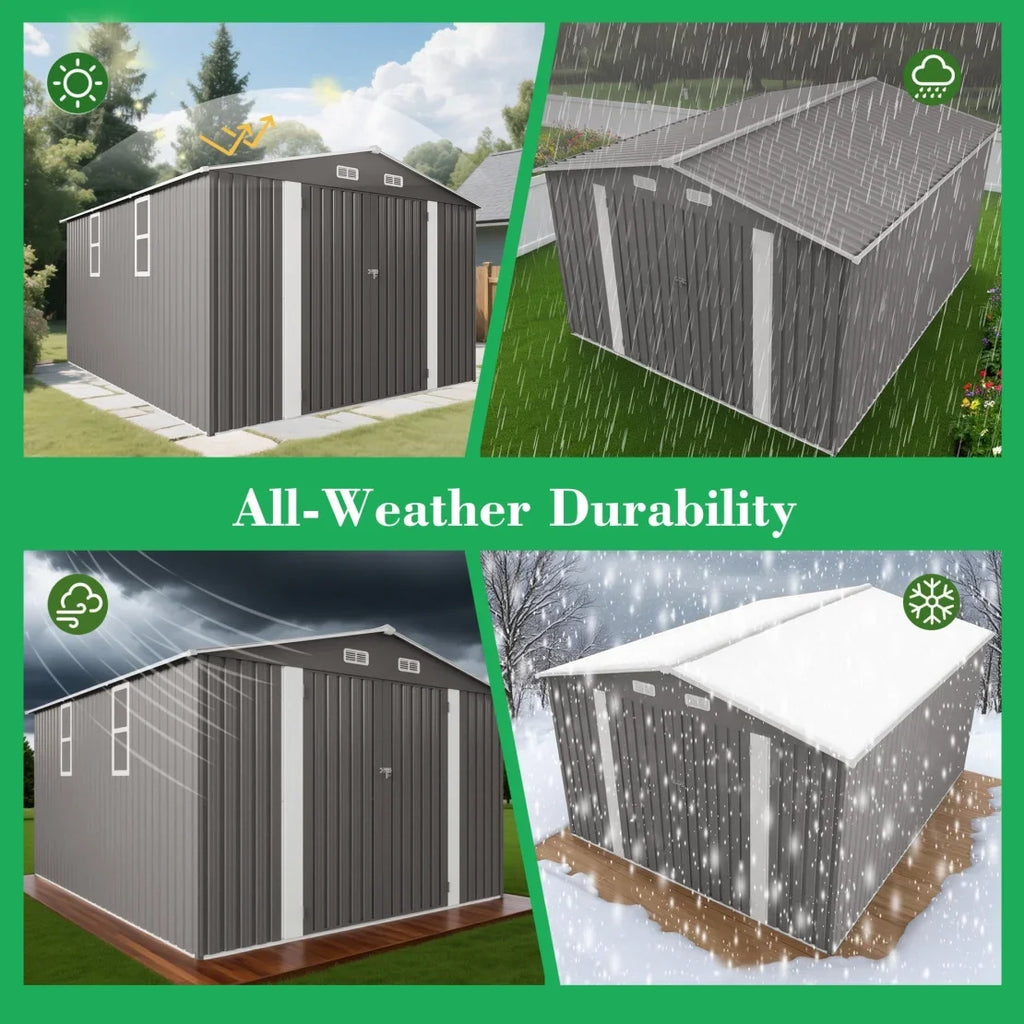 10 x 8 FT Outdoor Storage Shed, Large Metal Storage Shed, Lockable Door and Air Vent, Clear Window Garden Tool Shed for Bicycles, Tools, Lawnmowers, Backyards, Patios, Lawns - Gray
