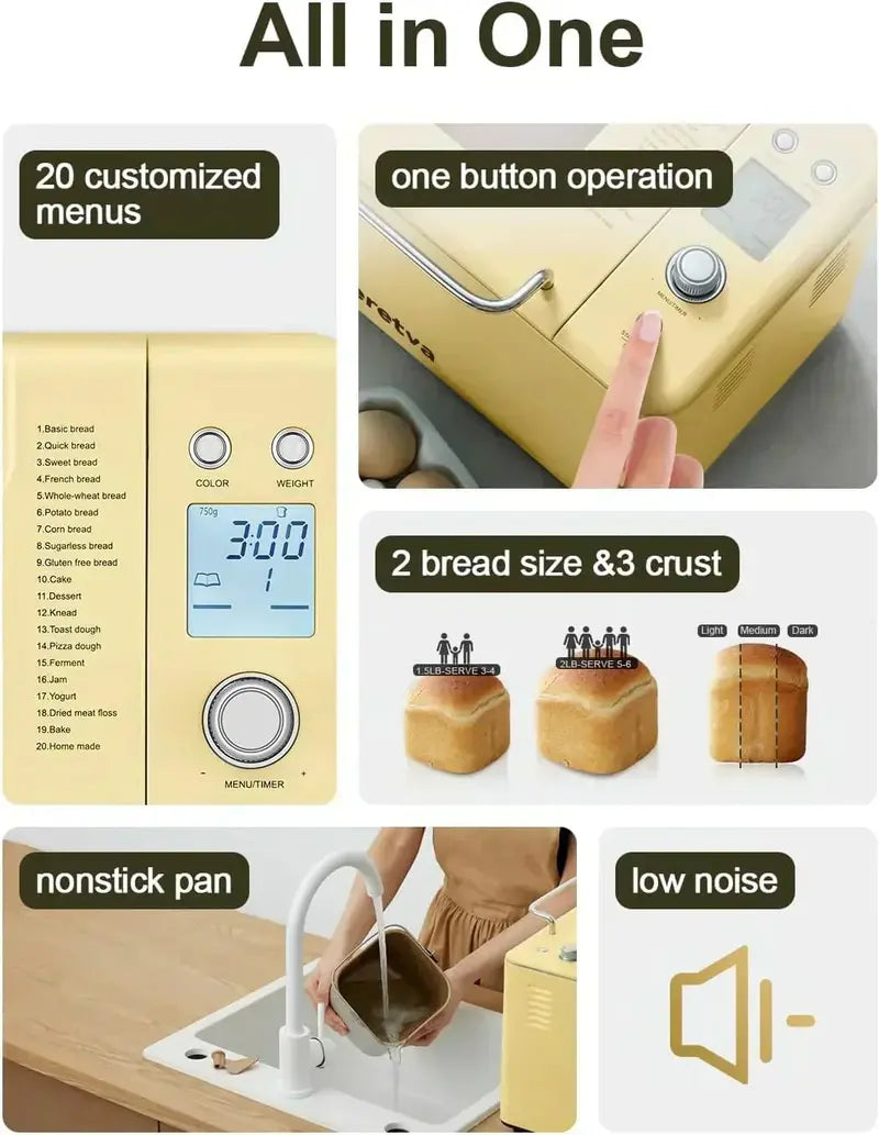 Neretva 2LB Bread Maker – 20-in-1 Automatic Dual-Heater Bread Machine with Custom Baking Options