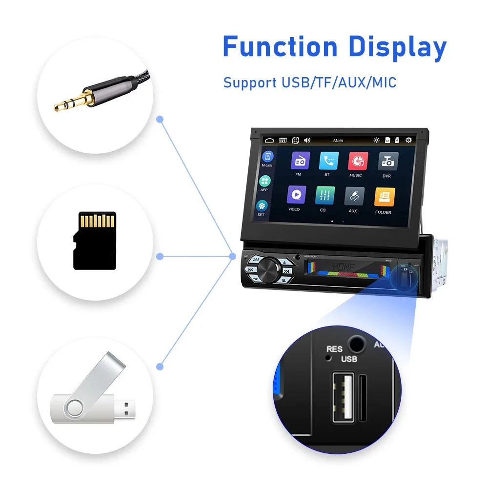 1 Din 7 in Car Stereo Radio with Wireless Apple Carplay Android Auto HD Electric Telescopic Touchscreen Flip Out Screen FM Bluetooth Android/Ios Mirror Link, Single 1 Din Car Audio USB/TF/AUX - in