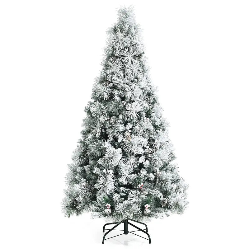 Snow-Flocked Artificial Pine Tree with Pinecones and Red Berries  Hinged Design