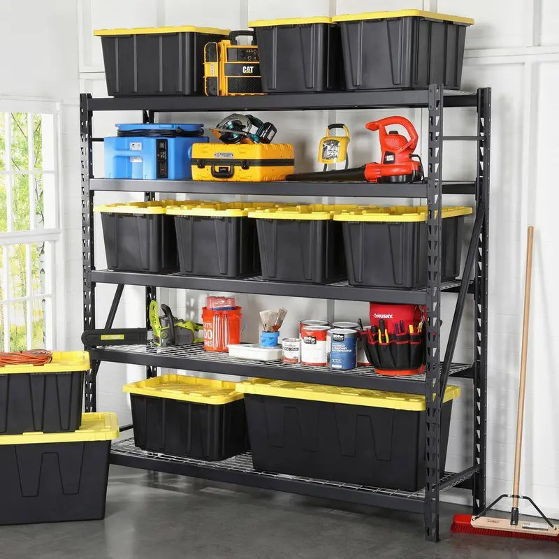 HDX 27-Gallon Black Storage Tote with Yellow Lid, Stackable & Waterproof, 5-Pack