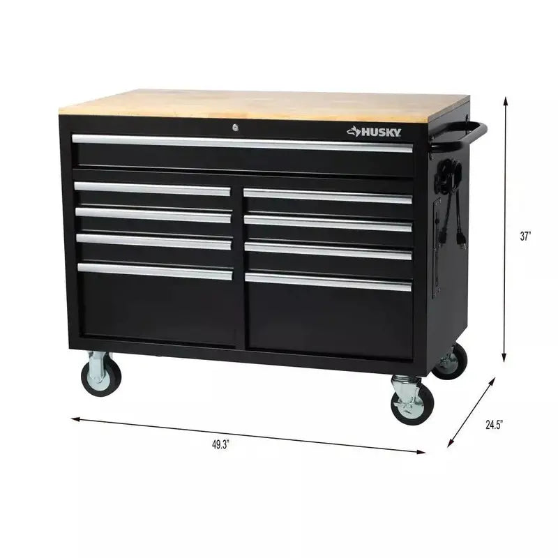 Gloss Black Rolling Tool Cabinet – 46″ Wide 9-Drawer Heavy-Duty Mobile Workstation