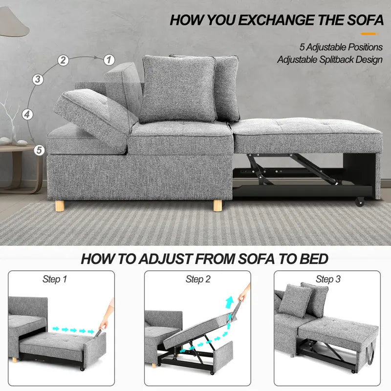 SEJOV 4-in-1 Convertible Sofa Bed with Adjustable Backrest & Linen Fabric for Small Spaces