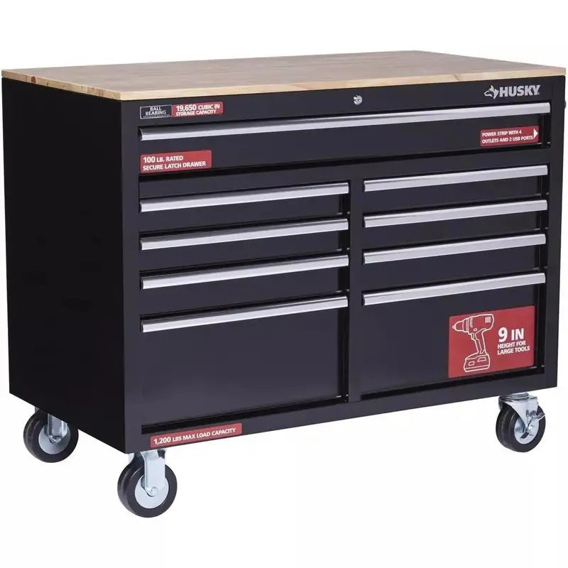 Gloss Black Rolling Tool Cabinet – 46″ Wide 9-Drawer Heavy-Duty Mobile Workstation