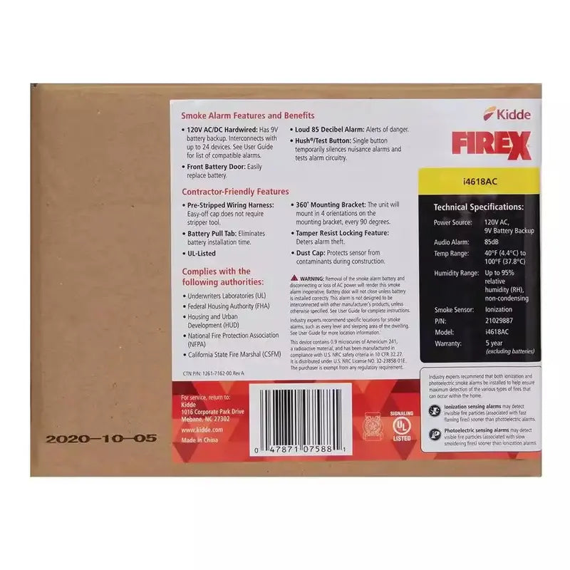 Hardwired Smoke Alarm – Ionization Sensor with 120V AC Power & 9V Battery Backup