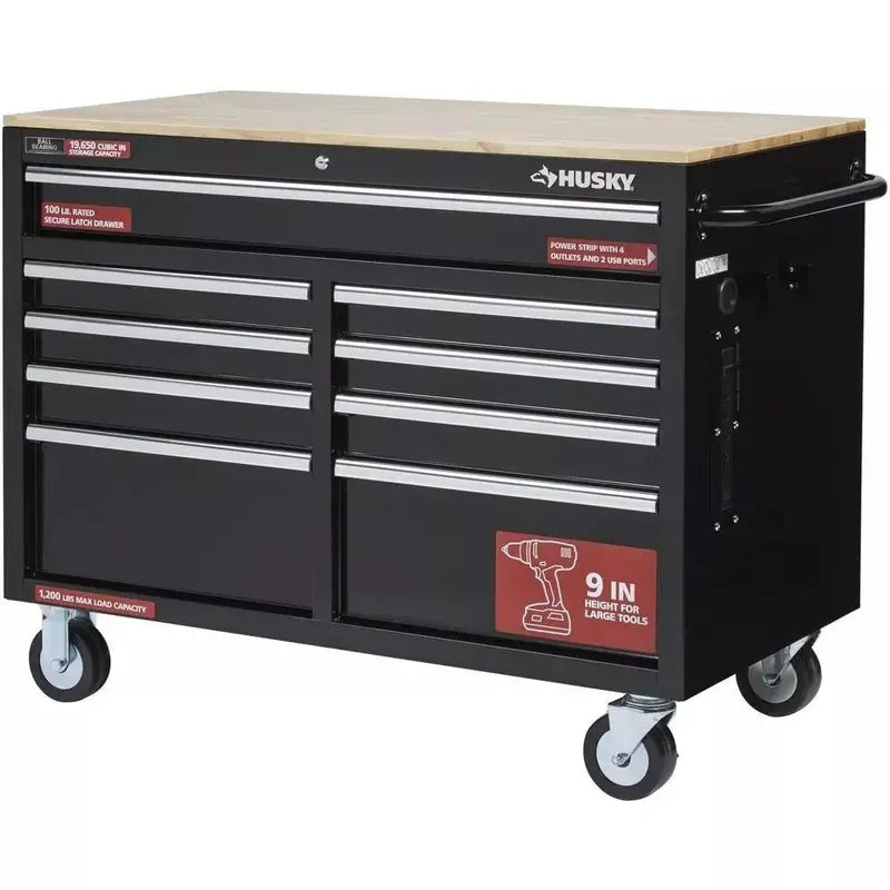 Gloss Black Rolling Tool Cabinet – 46″ Wide 9-Drawer Heavy-Duty Mobile Workstation