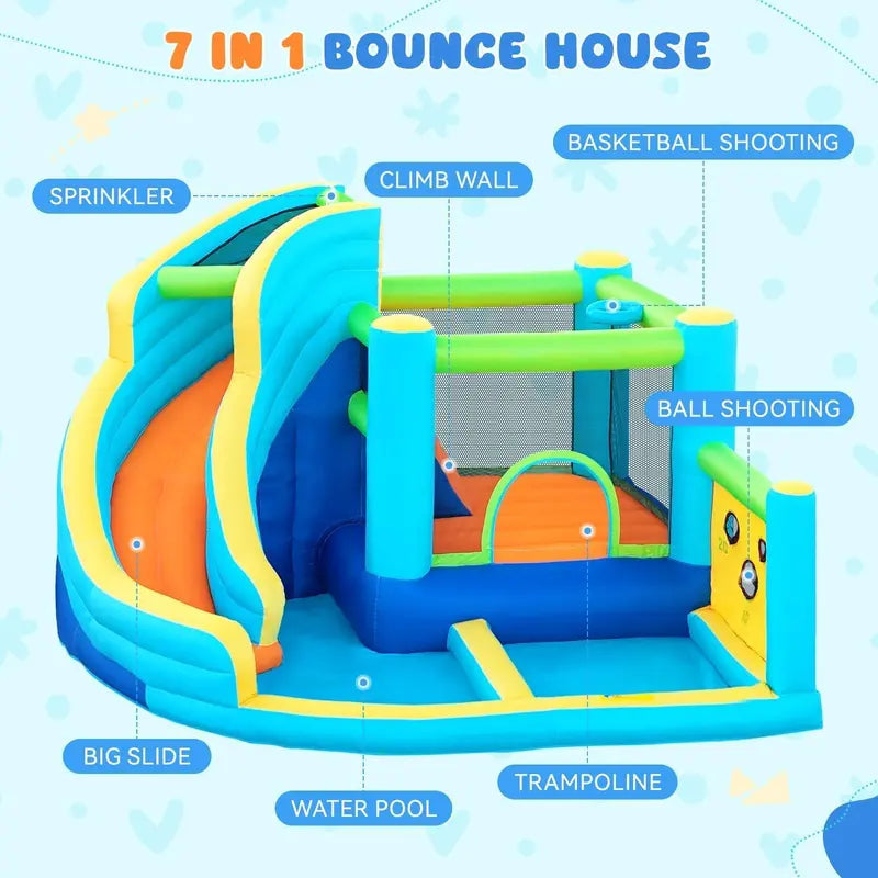 Inflatable Kids' Bounce House with Integrated Water Slide, Climbing Wall & Splash Pool – Includes 450W Blower for Instant Setup
