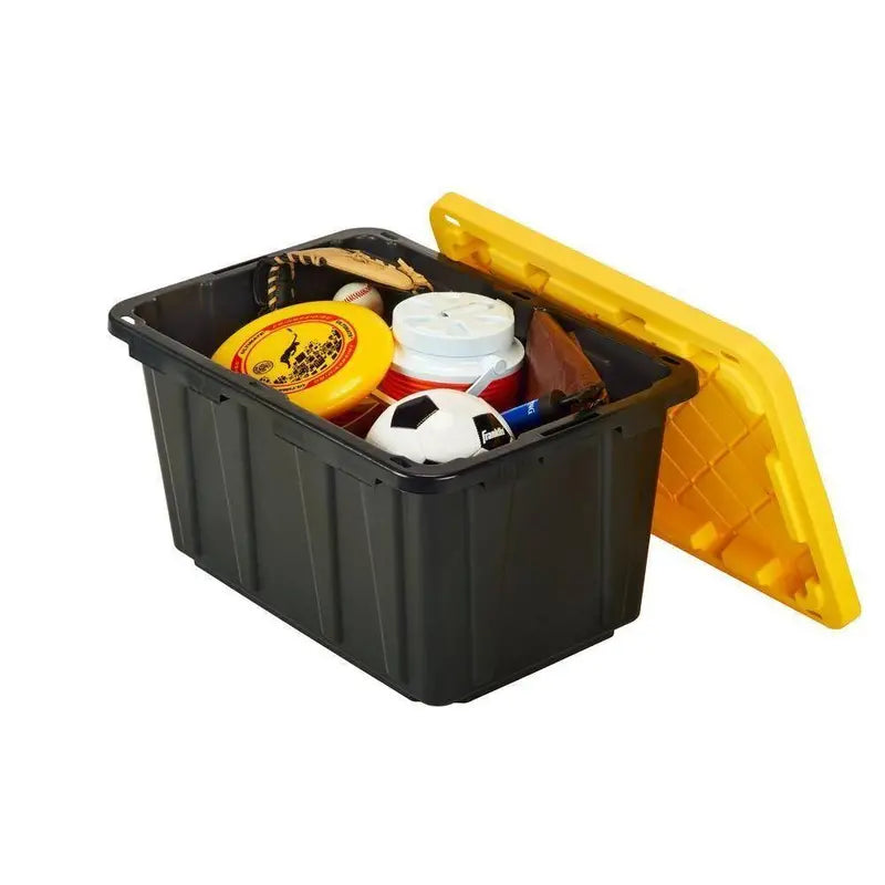 HDX 27-Gallon Black Storage Tote with Yellow Lid, Stackable & Waterproof, 5-Pack