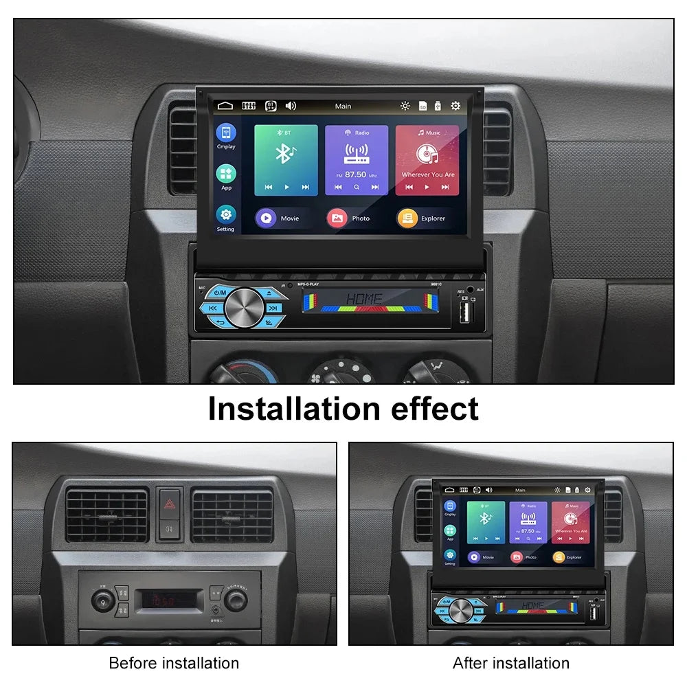 1 Din 7 in Car Stereo Radio with Wireless Apple Carplay Android Auto HD Electric Telescopic Touchscreen Flip Out Screen FM Bluetooth Android/Ios Mirror Link, Single 1 Din Car Audio USB/TF/AUX - in