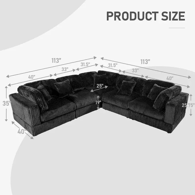 Modular L-Shaped Corduroy Sectional Sofa – Oversized 6-Piece Configurable Set
