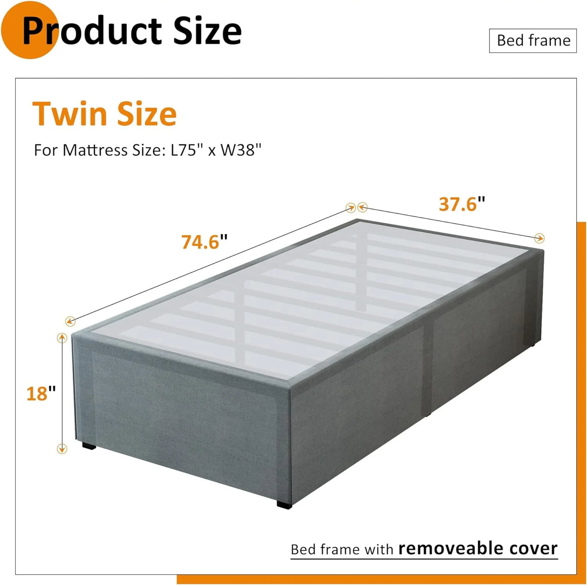 18 in Twin XL Bed Frames with Fabric Cover, Heavy Duty Metal Twin XL Platform Bed Frame, No Box Spring Needed, Support up to 2500 lb, Easy Assembly, Noise Free, Black