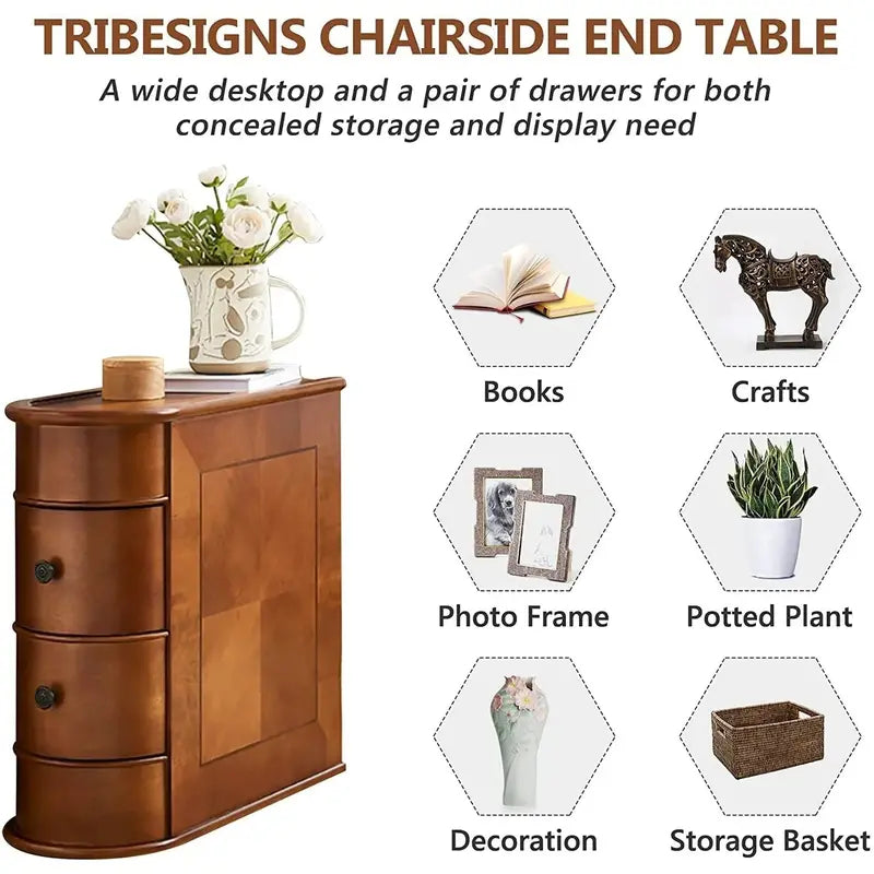Solid Wood End Table  Slim Two-Drawer Chairside Nightstand for Small Spaces