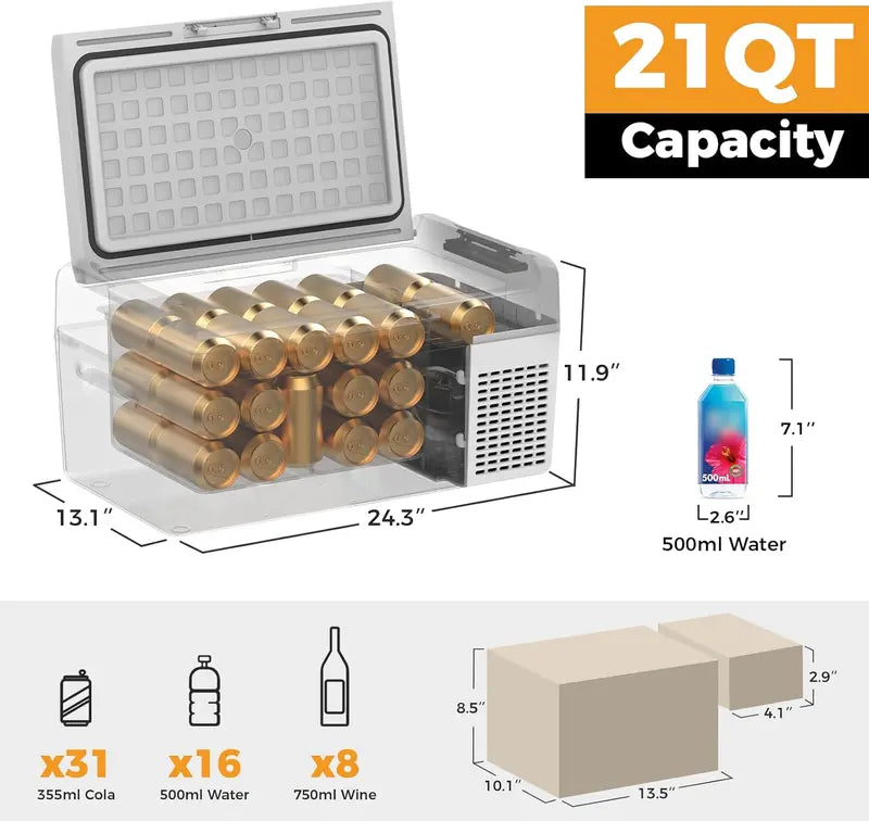 RF20 12V Portable Car Refrigerator | 21-Quart Compressor Cooler with 50-Hour Battery Life, Ideal for RVs, Trucks, Campers & Road Trips