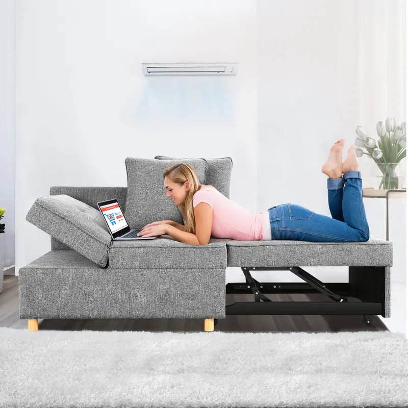 SEJOV 4-in-1 Convertible Sofa Bed with Adjustable Backrest & Linen Fabric for Small Spaces