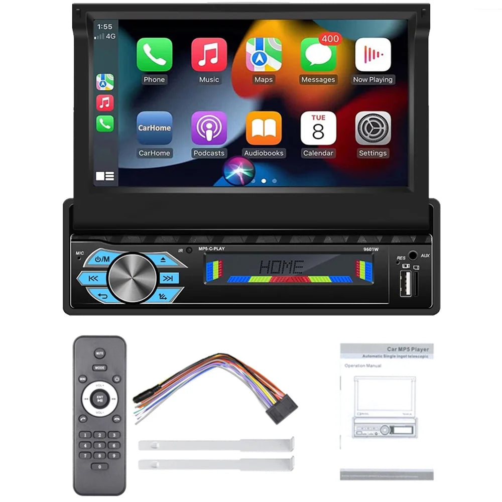 1 Din 7 in Car Stereo Radio with Wireless Apple Carplay Android Auto HD Electric Telescopic Touchscreen Flip Out Screen FM Bluetooth Android/Ios Mirror Link, Single 1 Din Car Audio USB/TF/AUX - in