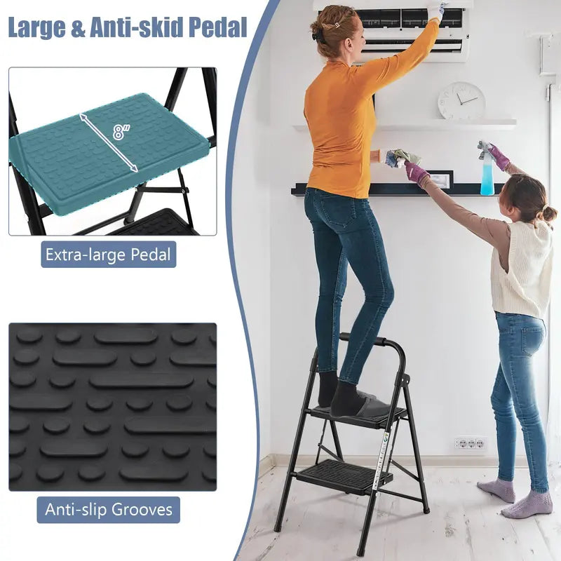 Two-Step Folding Stool  Wide Anti-Slip Pedals and Compact Portable Design