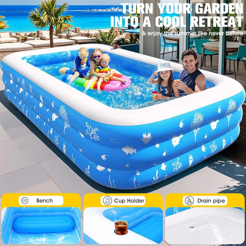 Spacious Inflatable Pool with Built-in Seat & LED Lights  105 x 65 x 25  Durable Thick-Wall Design for Adults & Children