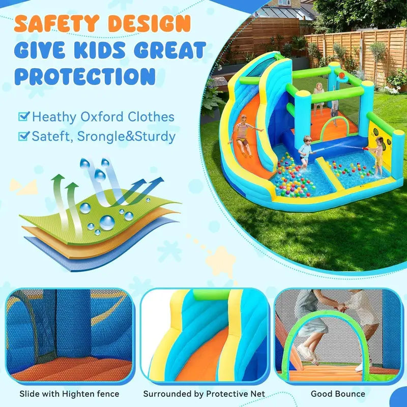 Inflatable Kids' Bounce House with Integrated Water Slide, Climbing Wall & Splash Pool – Includes 450W Blower for Instant Setup