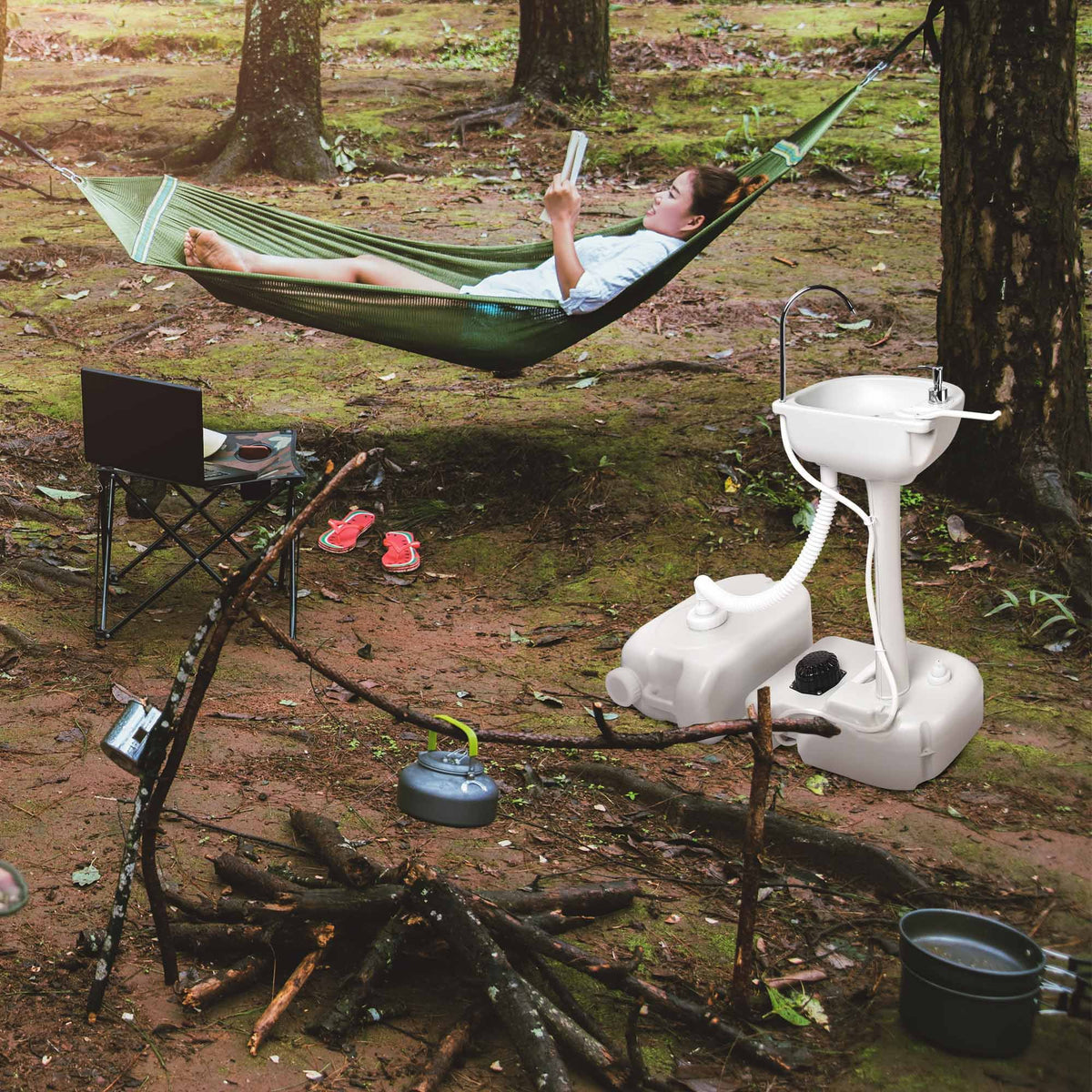17L Portable Camping Sink Hand Wash Stand with 24L Tank Hands-free Operation Hand Washing Station for Outdoor