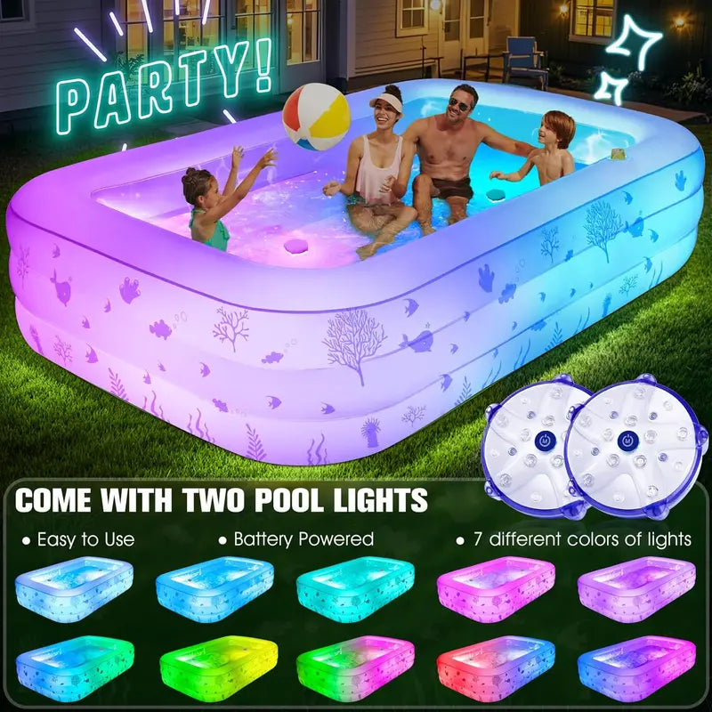 Spacious Inflatable Pool with Built-in Seat & LED Lights  105 x 65 x 25  Durable Thick-Wall Design for Adults & Children