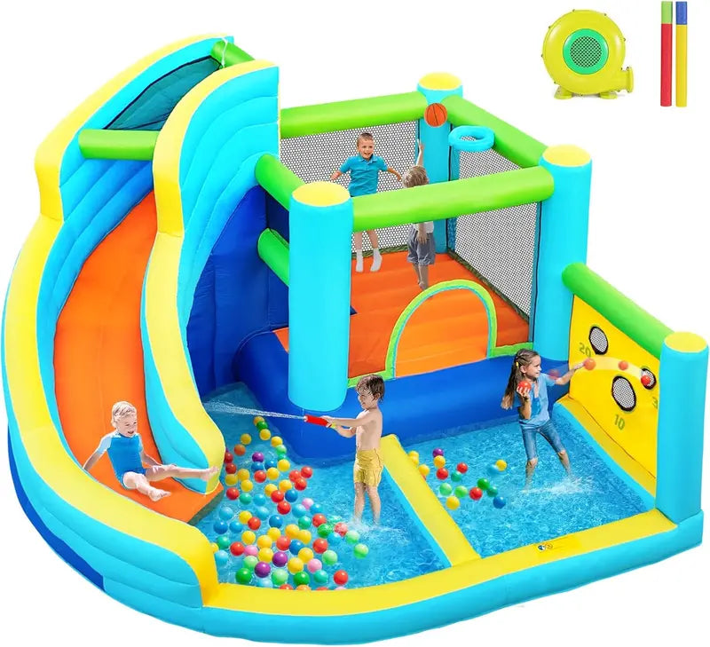 Inflatable Kids' Bounce House with Integrated Water Slide, Climbing Wall & Splash Pool – Includes 450W Blower for Instant Setup
