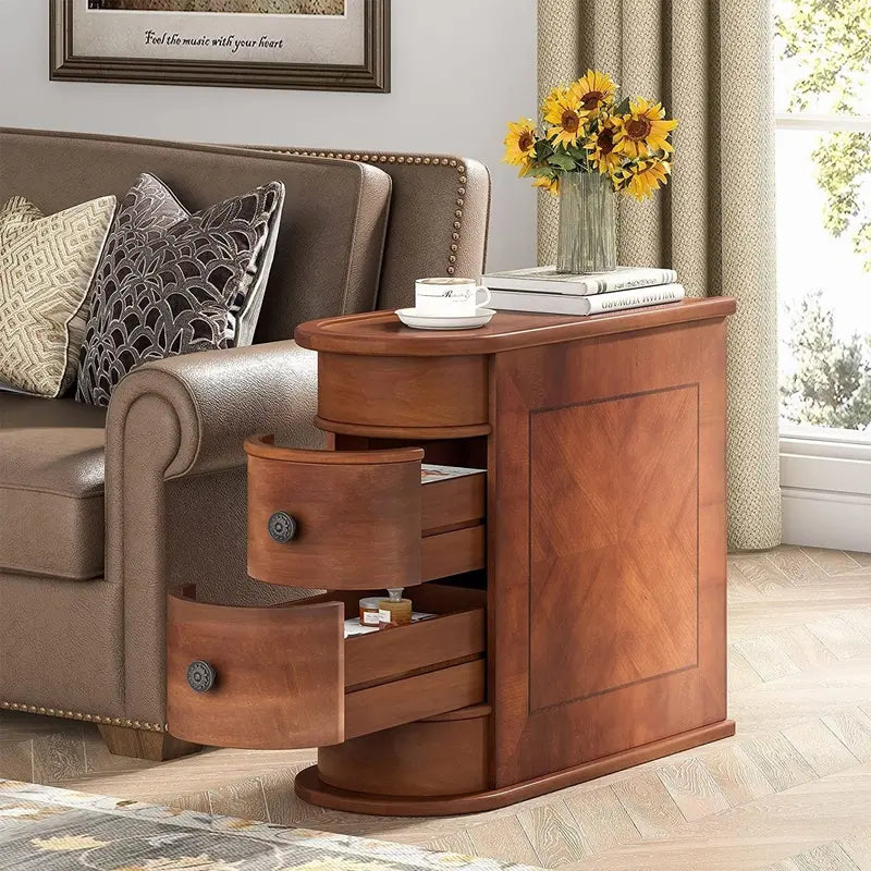Solid Wood End Table  Slim Two-Drawer Chairside Nightstand for Small Spaces