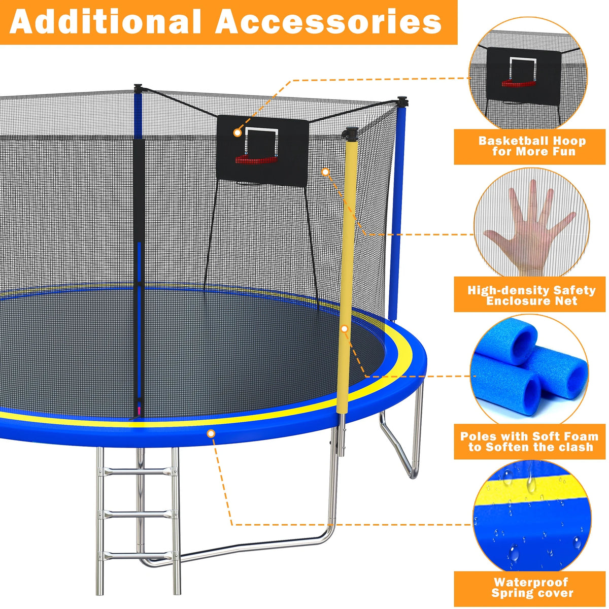 14FT Trampoline with Enclosure for Kids and Adults, SEGMART Upgraded Kids Recreational Outdoor Trampoline with Basketball Hoop, Ladder, Heavy Duty Round Backyard Trampoline for Indoor Outdoor