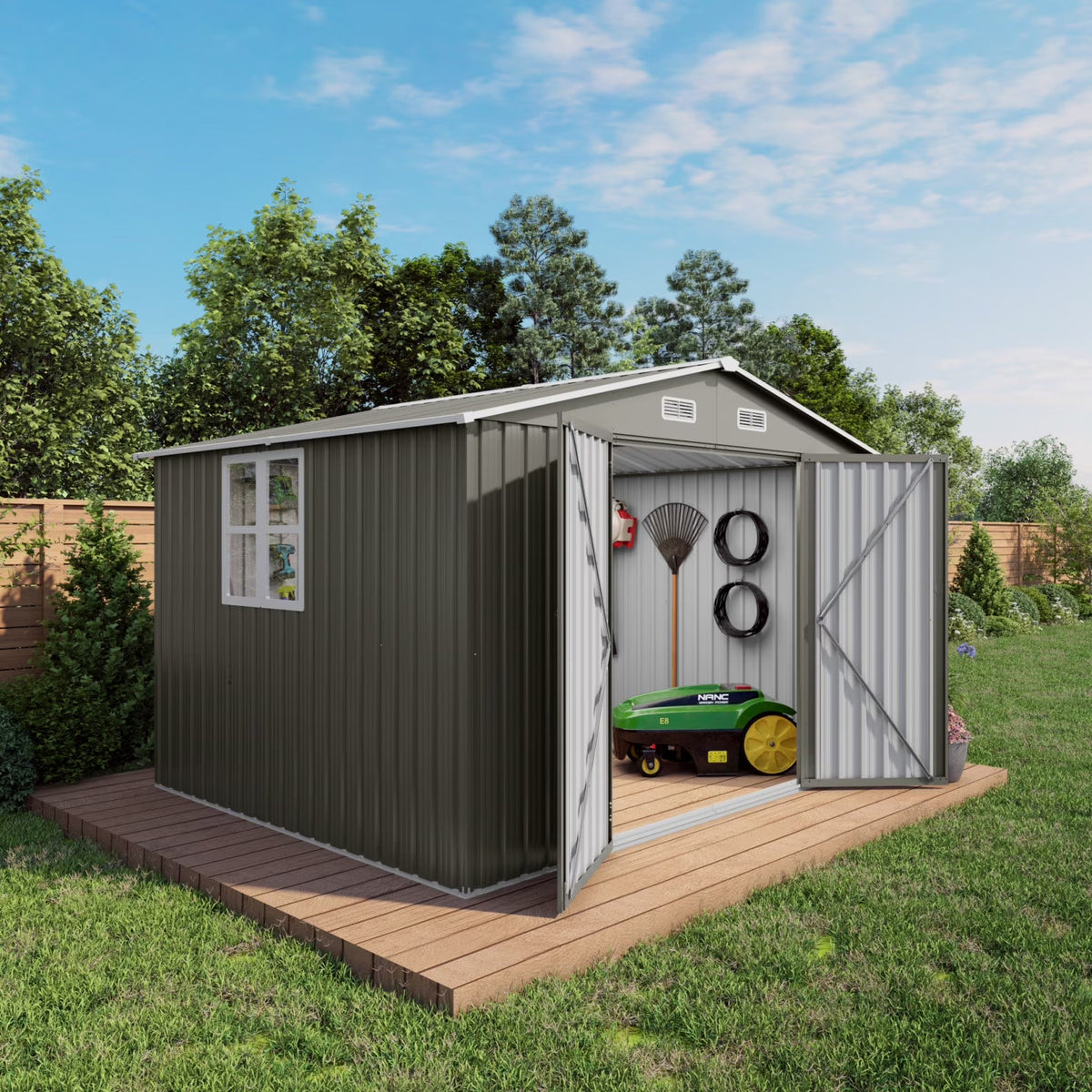 10 x 8 FT Outdoor Storage Shed, Large Metal Storage Shed, Lockable Door and Air Vent, Clear Window Garden Tool Shed for Bicycles, Tools, Lawnmowers, Backyards, Patios, Lawns - Gray