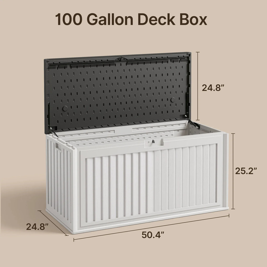 100 Gallon Resin Deck Box, Asofer Lockable Patio Outdoor Storage Box, Garden Tools Storage, Beige/Brown
