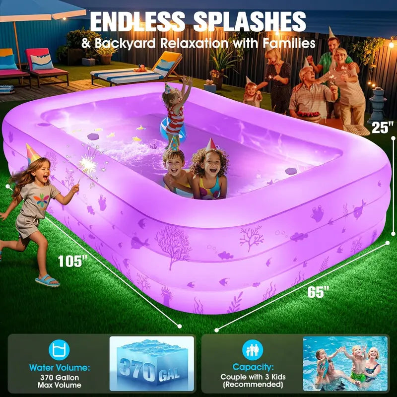Spacious Inflatable Pool with Built-in Seat & LED Lights  105 x 65 x 25  Durable Thick-Wall Design for Adults & Children