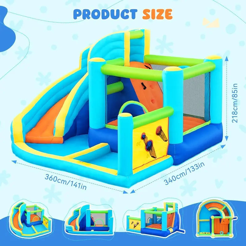 Inflatable Kids' Bounce House with Integrated Water Slide, Climbing Wall & Splash Pool – Includes 450W Blower for Instant Setup