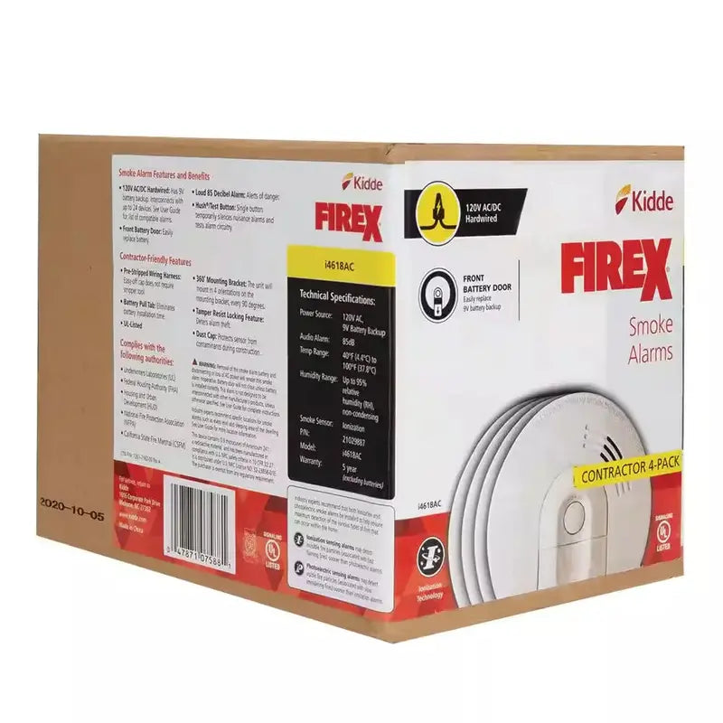 Hardwired Smoke Alarm – Ionization Sensor with 120V AC Power & 9V Battery Backup