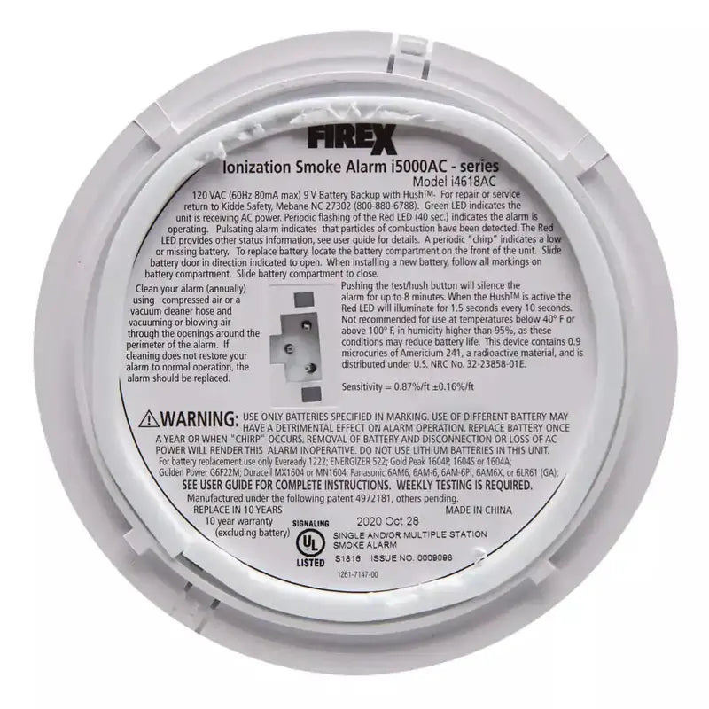 Hardwired Smoke Alarm – Ionization Sensor with 120V AC Power & 9V Battery Backup